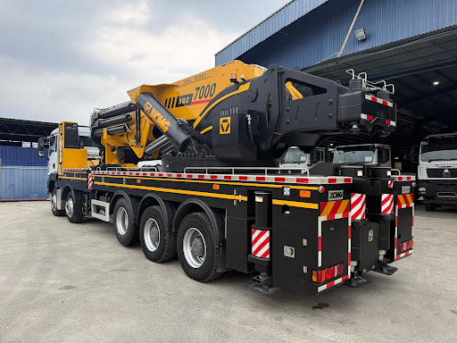 Rear view of Malaysia’s largest knuckle boom crane, the 150-ton XCMG SQZ7000, folded on its multi-axle truck