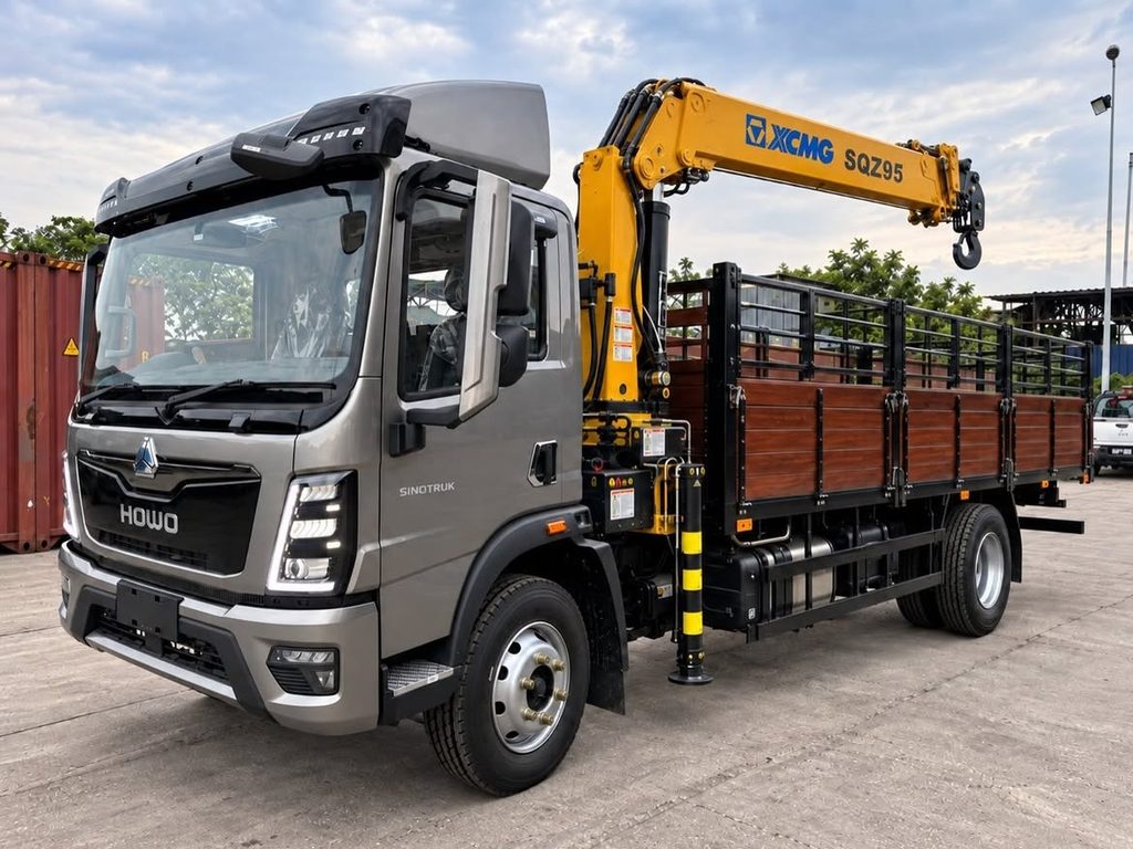 SINOTRUK HOWO T3H equipped with XCMG SQZ95 mounted crane and custom wooden cargo body